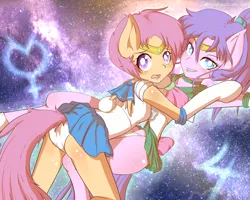 Size: 1280x1024 | Tagged: suggestive, artist:rhymeru, derpibooru import, diamond tiara, scootaloo, anthro, earth pony, pegasus, pony, butt, caught, clothes, crossover, duo, female, gloves, image, lesbian, lipstick, miniskirt, older, older diamond tiara, older scootaloo, panties, panty shot, png, ponytail, sailor moon (series), sailor senshi, sailor uniform, shiny butt, ship:scootiara, shipping, skirt, small wings, underwear, uniform, wings