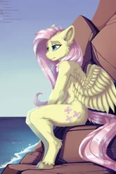 Size: 4000x6000 | Tagged: safe, artist:froxifox, derpibooru import, fluttershy, anthro, pegasus, unguligrade anthro, belly button, breasts, ear fluff, female, g4, image, ocean, png, sad, sitting, unshorn fetlocks, water, wings