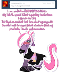 Size: 700x850 | Tagged: artist needed, safe, derpibooru import, oc, oc:northern lights, oc:tech spec, ask, blushing, clothes, french maid, image, lore, maid, png, simple background, transparent background, tumblr