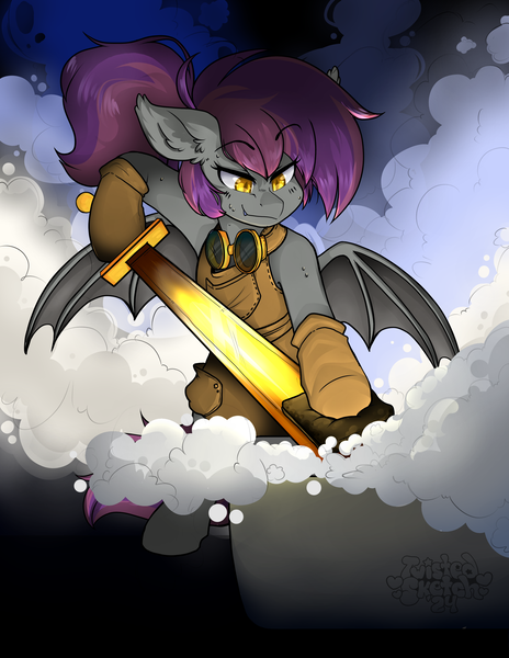 Size: 2550x3300 | Tagged: safe, artist:twisted-sketch, derpibooru import, oc, oc:anneal, unofficial characters only, bat pony, pony, apron, clothes, fangs, female, gloves, goggles, image, png, ponytail, signature, solo, spread wings, steam, sword, weapon, wings