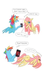Size: 1080x1745 | Tagged: safe, artist:pocketss, derpibooru import, fluttershy, rainbow dash, pegasus, pony, 2 panel comic, comic, dialogue, duo, duo female, eyes closed, female, hair over one eye, hoof hold, image, jpeg, lying down, mare, mobile phone, phone, side, smartphone, speech bubble