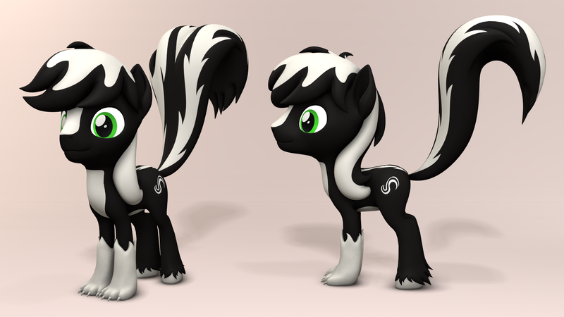 Size: 1920x1080 | Tagged: safe, artist:whiteskypony, derpibooru import, oc, oc:zenawa skunkpony, unofficial characters only, hybrid, pony, skunk, skunk pony, 3d, claws, hybrid oc, image, male, model, paws, png, raised tail, smiling, solo, solo male, stallion, tail, unshorn fetlocks