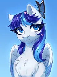 Size: 2224x3000 | Tagged: safe, artist:nika-rain, derpibooru import, oc, oc:snowflake flower, butterfly, insect, pegasus, pony, cute, female, image, png, simple background, sketch, sky, solo