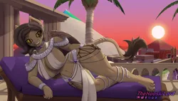 Size: 3939x2240 | Tagged: safe, artist:thehuskylord, derpibooru import, oc, anthro, sphinx, 2024, big breasts, bracelet, breasts, city, couch, egyptian, folded wings, image, jewelry, looking at you, lying down, makeup, palace, palm tree, png, pyramid, scenery, sphinx oc, sun, sunset, tail, temple, tree, wings