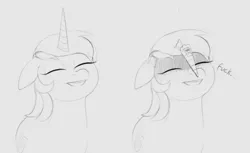 Size: 2096x1281 | Tagged: safe, artist:sand-filled-scarecrow, lyra heartstrings, pony, unicorn, art pack:fun size 2, broken horn, bust, eyes closed, fake horn, female, gray background, horn, image, mare, monochrome, png, simple background, sketch, smiling, solo, vulgar