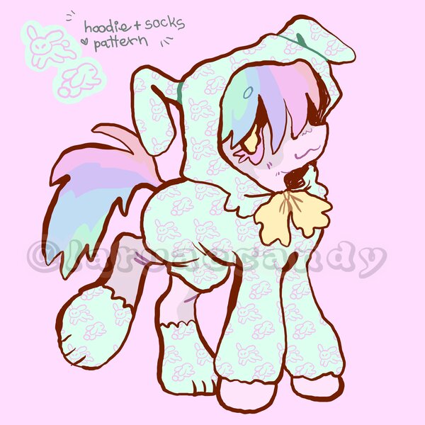 Size: 4000x4000 | Tagged: safe, artist:larvaecandy, derpibooru import, oc, unnamed oc, unofficial characters only, earth pony, pony, rabbit, :3, absurd resolution, adoptable, ambiguous gender, animal, beanbrows, bunny hood, earth pony oc, eyebrows, eyebrows visible through hair, eyelashes, hoof shoes, image, jpeg, multicolored hair, multicolored mane, multicolored tail, onesie, pink background, pink coat, pink eyes, rainbow hair, rainbow tail, raised leg, simple background, smiling, solo, standing, tail, wingding eyes