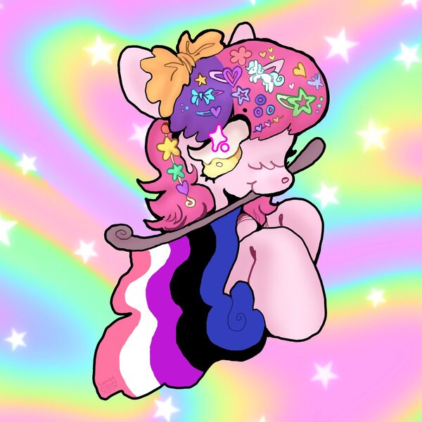 Size: 1200x1200 | Tagged: oc name needed, safe, artist:larvaecandy, derpibooru import, oc, unofficial characters only, earth pony, pony, abstract background, beanbrows, blush scribble, blushing, bow, bust, commission, earth pony oc, eye clipping through hair, eyebrows, eyebrows visible through hair, genderfluid pride flag, hair accessory, hair bow, hairclip, holding flag, image, jpeg, mouth hold, pink coat, pride, pride flag, profile, raised hoof, raised hooves, smiling, solo, sparkly eyes, two toned mane, wingding eyes, ych result, yellow eyes