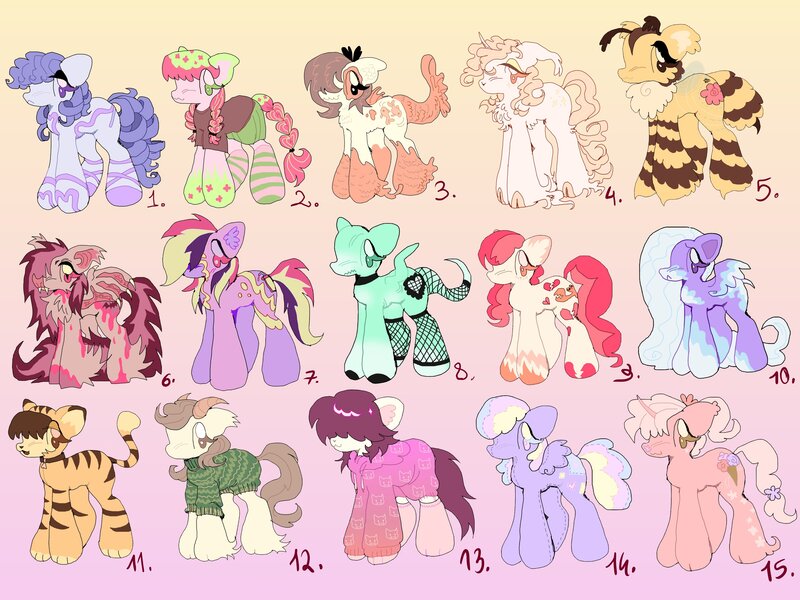 Size: 4096x3072 | Tagged: safe, artist:larvaecandy, derpibooru import, oc, oc:crab pond, oc:kitty, unnamed oc, unofficial characters only, bat pony, bee pony, earth pony, original species, pegasus, plush pony, pony, unicorn, :3, :<, adoptable, animal costume, antennae, bald tail, bat nose, bat pony oc, bat wings, bell, bell collar, belly fluff, blonde mane, blonde tail, bow, braid, braided pigtails, braided tail, brown eyes, brown mane, brown tail, cat collar, cat costume, cheek fluff, chest fluff, clothes, cloven hooves, coat markings, collar, colored belly, colored eartips, colored fetlocks, colored hooves, colored horns, colored mouth, colored muzzle, colored pinnae, colored wings, costume, cream coat, curly mane, curly tail, curved horn, ear tufts, earth pony oc, eye clipping through hair, eyelashes, fangs, featherless wings, fetlock tuft, fish tail, fishnet clothing, floppy ears, food, frown, gradient background, green eyes, group, hair bow, hair over eyes, heart nose, high res, hoodie, horn, horns, hybrid oc, image, insect wings, jpeg, lavender coat, lidded eyes, long mane, long socks, long tail, messy mane, messy tail, mint coat, multicolored eyes, multicolored mane, multicolored tail, no mouth, onesie, open mouth, open smile, orange coat, orange eyes, pale belly, paw socks, pegasus oc, pigtails, pink coat, pink eyes, plushie, ponytail, profile, purple coat, purple eyes, purple mane, purple tail, ram horns, red eyes, red mane, red tail, ringlets, shirt, short tail, skirt, small wings, smiling, socks, socks (coat marking), sparkly eyes, splotches, spread wings, standing, stinger, striped, striped socks, stripes, sweater, tail, taiyaki, tan coat, tied mane, tied tail, transparent wings, turtleneck, turtleneck sweater, two toned mane, two toned tail, two toned wings, unicorn oc, unshorn fetlocks, veiny wings, wall of tags, wavy mouth, wingding eyes, wings, yellow coat