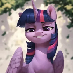 Size: 2048x2048 | Tagged: safe, ai content, derpibooru import, machine learning generated, prompter:krivovyaz, stable diffusion, twilight sparkle, twilight sparkle (alicorn), alicorn, pony, g4, generator:pony diffusion v6 xl, generator:purplesmart.ai, image, leaf, png, smiling, smug, solo, wings