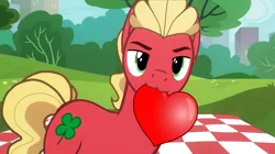 Size: 2386x1340 | Tagged: safe, anonymous artist, derpibooru import, oc, oc:true sprout, earth pony, pony, g5, bedroom eyes, clover, four-leaf clover, g4, g5 to g4, generation leap, green eyes, heart, image, park, picnic, picnic blanket, png, solo