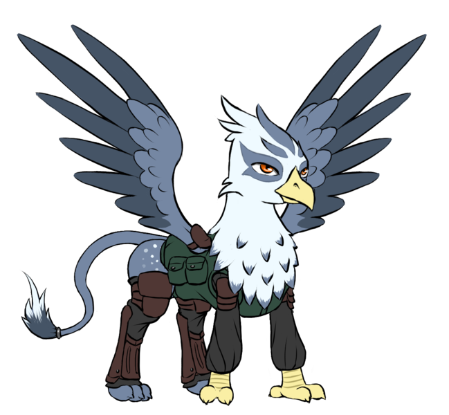 Size: 1226x1134 | Tagged: safe, alternate version, artist:multiverseequine, derpibooru import, oc, oc:kreggia, unofficial characters only, gryphon, pony, armor, bag, chest fluff, clothes, colored, colored wings, daybreak island, derpibooru exclusive, detached sleeves, full body, griffon oc, image, leggings, leonine tail, male, paws, png, quadrupedal, simple background, solo, spots, spread wings, tail, transparent background, two toned wings, wings