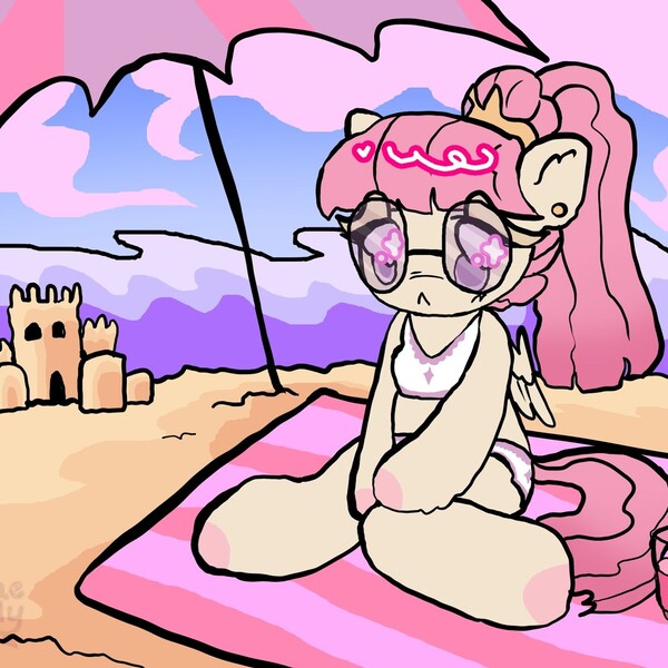 Size: 1080x1080 | Tagged: oc name needed, safe, artist:larvaecandy, derpibooru import, oc, unofficial characters only, pegasus, pony, semi-anthro, :<, ambiguous gender, beach, beach towel, clothes, colored hooves, commission, cream coat, day, detailed background, ear piercing, earring, frown, glasses, image, jewelry, jpeg, long mane, long tail, partially open wings, pegasus oc, piercing, pink mane, pink tail, ponytail, purple eyes, sandcastle, shiny mane, sitting, small wings, solo, sparkly eyes, swimsuit, tail, tied mane, towel, two-piece swimsuit, wingding eyes, wings, ych result