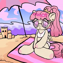 Size: 1080x1080 | Tagged: oc name needed, safe, artist:larvaecandy, derpibooru import, oc, unofficial characters only, pegasus, pony, semi-anthro, :<, ambiguous gender, beach, beach towel, clothes, colored hooves, commission, cream coat, day, detailed background, ear piercing, earring, frown, glasses, image, jewelry, jpeg, long mane, long tail, partially open wings, pegasus oc, piercing, pink mane, pink tail, ponytail, purple eyes, sandcastle, shiny mane, sitting, small wings, solo, sparkly eyes, swimsuit, tail, tied mane, towel, two-piece swimsuit, wingding eyes, wings, ych result