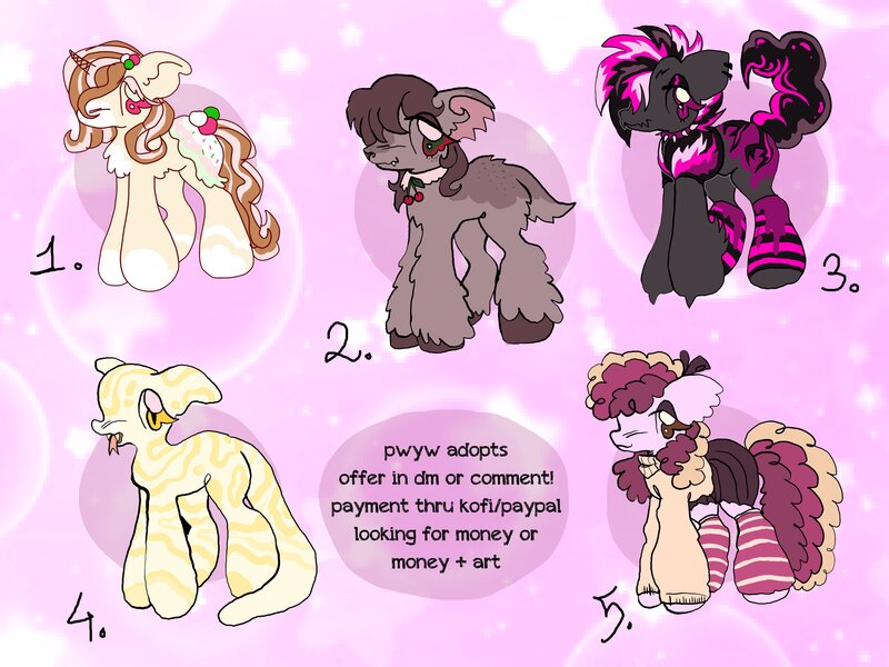 Size: 4000x3000 | Tagged: safe, artist:larvaecandy, derpibooru import, oc, unnamed oc, unofficial characters only, deer, deer pony, earth pony, hybrid, original species, scorpion, scorpion pony, snake, snake pony, unicorn, :3, abstract background, adoptable, ambiguous gender, back fluff, belly fluff, blaze (coat marking), boa constrictor, bow, brown coat, brown eyes, butt fluff, chest fluff, claws, clothes, coat markings, collar, colored eartips, colored eyelashes, colored hooves, colored horn, colored muzzle, colored pinnae, cream coat, curly mane, curly tail, ear fluff, ear piercing, earring, earth pony oc, eye clipping through hair, eyelashes, eyeshadow, facial markings, fanged deer, fangs, floppy ears, forked tongue, group, hair bow, horn, hybrid oc, image, jacket, jewelry, jpeg, leg fluff, leg warmers, lidded eyes, long mane, long tail, makeup, multicolored mane, no mouth, open mouth, piercing, pink coat, pink eyes, profile, scorpion tail, sextet, shiny mane, shiny tail, skirt, slit pupils, smiling, socks (coat marking), spiked collar, standing, sweater, tail, text, tongue out, turtleneck, turtleneck sweater, two toned eyes, two toned mane, two toned tail, unicorn horn, unicorn oc, unshorn fetlocks, wall of tags, wavy mane, wavy mouth, wavy tail, wingding eyes, yellow eyes
