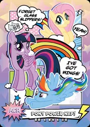 Size: 850x1191 | Tagged: safe, derpibooru import, official, fluttershy, rainbow dash, twilight sparkle, twilight sparkle (alicorn), alicorn, series:卡游友谊绘影, card, chinese text, comic style, design, image, jpeg, kayou, merchandise, moon runes, text