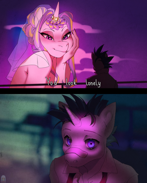 Size: 1776x2208 | Tagged: semi-grimdark, artist:blackrabbitshone, derpibooru import, princess cadance, shining armor, alicorn, anthro, pony, unicorn, bandaid, bandaid on nose, blade runner 2049, crossing the memes, duo, duo male and female, female, hand on cheek, horn, horn ring, image, jewelry, lidded eyes, male, mare, meme, messy mane, png, ring, ship:shiningcadance, shipping, smiling, stallion, straight, the bride and the ugly ass groom, veil, wedding veil