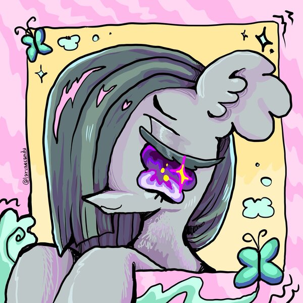 Size: 1200x1200 | Tagged: safe, artist:larvaecandy, derpibooru import, marble pie, butterfly, earth pony, insect, pony, commission, ear fluff, eyelashes, female, floppy ears, g4, gray coat, gray mane, icon, image, jpeg, lidded eyes, long mane, mare, passepartout, patterned background, profile picture, purple eyes, raised hoof, raised hooves, shiny mane, smiling, solo, sparkly eyes, straight mane, two toned mane, wingding eyes