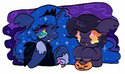 Size: 1244x743 | Tagged: safe, artist:larvaecandy, derpibooru import, princess luna, oc, oc:party popper, alicorn, earth pony, pony, :3, basket, big eyes, blue coat, blue mane, candy, cloak, clothes, colored eyelashes, colored hooves, colored sclera, commission, costume, crown, curly mane, curved horn, duo, duo female, ear fluff, earth pony oc, ethereal mane, female, floppy ears, food, g4, height difference, hoof hold, hoof shoes, horn, image, jewelry, jpeg, long mane, looking at each other, looking at someone, mare, night, nightmare night, nightmare night costume, open mouth, open smile, orange eyes, princess shoes, purple coat, purple mane, raised hoof, regalia, shiny mane, short mane, signature, simple background, smiling, smiling at each other, sparkles, starry mane, teal eyes, teal sclera, tiara, two toned eyes, two toned mane, unicorn horn, unshorn fetlocks, wall of tags, wavy mane, white background, ych result