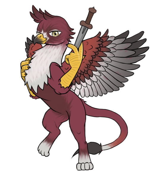 Size: 1712x1931 | Tagged: safe, artist:multiverseequine, derpibooru import, oc, oc:dagrim, unofficial characters only, gryphon, pony, bipedal, chest fluff, claws, colored, colored wings, dagger, derpibooru exclusive, full body, griffon oc, grin, hand on chest, image, leonine tail, looking at you, male, non-pony oc, paws, png, raised leg, red body, red coat, simple background, smiling, solo, spread wings, tail, transparent background, two toned wings, weapon, white wings, wings