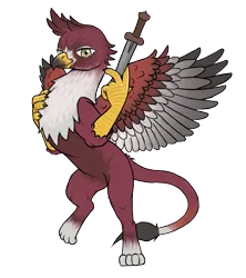 Size: 1712x1931 | Tagged: safe, artist:multiverseequine, derpibooru import, oc, oc:dagrim, unofficial characters only, gryphon, pony, bipedal, chest fluff, claws, colored, colored wings, dagger, derpibooru exclusive, full body, griffon oc, grin, hand on chest, image, leonine tail, looking at you, male, non-pony oc, paws, png, raised leg, red body, red coat, simple background, smiling, solo, spread wings, tail, transparent background, two toned wings, weapon, white wings, wings