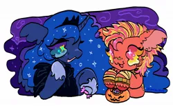 Size: 1224x756 | Tagged: safe, artist:larvaecandy, derpibooru import, princess luna, oc, oc:spectre spark, alicorn, earth pony, pony, :3, big ears, big eyes, blue coat, blue mane, candy, cloak, clothes, colored pinnae, colored sclera, commission, costume, crown, curly mane, curved horn, duo, duo female, ear fluff, ear piercing, earring, earth pony oc, ethereal mane, eye clipping through hair, eyebrows, eyebrows visible through hair, female, floppy ears, food, g4, halloween, height difference, holiday, hoof hold, hoof shoes, horn, image, jewelry, jpeg, leg warmers, looking at each other, looking at someone, multicolored eyes, multicolored mane, night, nightmare night, nightmare night costume, open mouth, open smile, orange coat, piercing, princess shoes, raised hoof, regalia, signature, simple background, smiling, smiling at each other, spiky mane, starry eyes, starry mane, teal eyes, teal sclera, tiara, unicorn horn, wall of tags, white background, wingding eyes, ych result