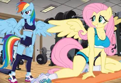 Size: 1216x832 | Tagged: suggestive, ai content, machine learning generated, stable diffusion, fluttershy, rainbow dash, anthro, pegasus, beckoning, blue bra, busty fluttershy, busty rainbow dash, grin, gym, horny, image, in love, jpeg, lesbian couple, nervous grin, panties, pants pulled down, shorts, smirk, sneakers, sports bra, sports shorts, squatting, standing, streching, stretcher, weights, yoga mat