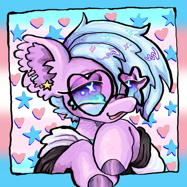 Size: 1200x1200 | Tagged: safe, artist:larvaecandy, derpibooru import, oc, unnamed oc, unofficial characters only, earth pony, pony, :3, blue mane, clothes, colored hooves, colored pinnae, commission, ear fluff, ear piercing, earring, earth pony oc, eyelashes, eyeshadow, floppy ears, glasses, hoodie, hoof under chin, icon, image, jewelry, jpeg, lavender coat, lidded eyes, looking at you, makeup, multicolored eyes, open mouth, open smile, piercing, pride, pride flag, profile picture, purple coat, raised hoof, raised hooves, shiny hooves, shiny mane, short mane, smiling, smiling at you, solo, starry eyes, transgender, transgender pride flag, wingding eyes, zoom layer