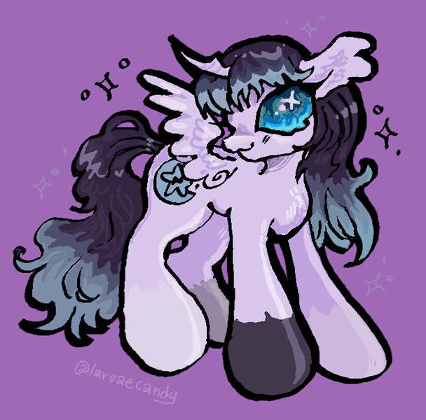 Size: 686x677 | Tagged: oc name needed, safe, artist:larvaecandy, derpibooru import, oc, unofficial characters only, alicorn, pony, :3, alicorn oc, ambiguous gender, blushing, coat markings, commission, curved horn, ear fluff, eye clipping through hair, horn, image, lavender coat, long mane, long tail, png, profile, purple background, purple coat, shiny eyes, shiny mane, shiny tail, signature, simple background, smiling, socks (coat marking), solo, sparkles, spread wings, standing, tail, teal eyes, teal sclera, two toned mane, two toned tail, wingding eyes, wings