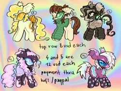 Size: 4000x3000 | Tagged: safe, artist:larvaecandy, derpibooru import, oc, unnamed oc, unofficial characters only, earth pony, pegasus, pony, abstract background, adoptable, big ears, big eyes, blaze (coat marking), blonde mane, blonde tail, blue eyes, bow, brown coat, brown eyes, brown mane, brown tail, chest fluff, clothes, coat markings, colored eartips, colored muzzle, colored nose, colored sclera, cream coat, curly mane, curly tail, dress, ear fluff, ear piercing, ear tufts, earring, earth pony oc, eye clipping through hair, eyelashes, eyeshadow, facial markings, floppy ears, folded wings, gauges, green eyes, group, high res, image, industrial piercing, jewelry, jpeg, leg warmers, lidded eyes, long mane, long tail, makeup, multicolored mane, multicolored tail, neck bow, neck ribbon, no mouth, pegasus oc, piercing, ponytail, profile, purple coat, purple mane, purple tail, sextet, spiky mane, spiky tail, splotches, spots, spotted, standing, striped leg warmers, sweater, tail, tail bow, tied mane, turtleneck, turtleneck sweater, two toned mane, two toned tail, unusual pupils, wall of tags, wings, yellow coat, yellow eyes, yellow mane, yellow sclera, yellow tail