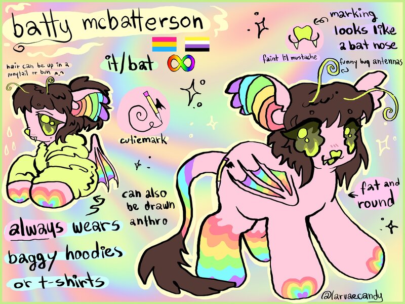 Size: 4000x3000 | Tagged: safe, artist:larvaecandy, derpibooru import, oc, oc:batty mcbatterson, unofficial characters only, bat pony, :3, abstract background, antennae, autism spectrum disorder, bat nose, bat pony oc, bat wings, beanbrows, big ears, big eyes, brown mane, brown tail, chubby, coat markings, colored eyebrows, colored mouth, colored nose, colored pinnae, colored wings, duality, ear fluff, ear tufts, eye clipping through hair, eyebrows, eyebrows visible through hair, eyestrain warning, facial hair, fangs, floppy ears, folded wings, green eyes, high res, image, jpeg, leonine tail, lime eyes, multicolored wings, nonbinary, nonbinary pride flag, open mouth, open smile, pansexual pride flag, partially open wings, pink coat, ponytail, pride, pride flag, profile, pronouns, rainbow background, raised hoof, reference sheet, referene sheet, signature, smiling, socks (coat marking), solo, sparkles, standing, tail, text, tied mane, wingding eyes, wings