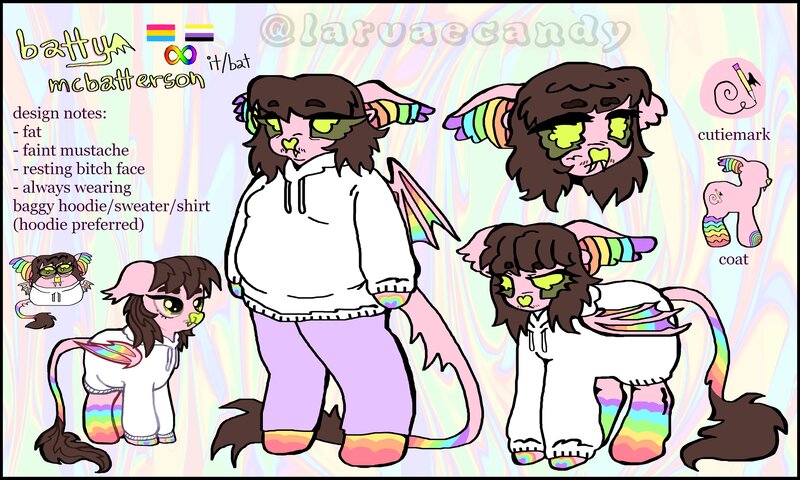 Size: 4096x2458 | Tagged: safe, artist:larvaecandy, derpibooru import, oc, oc:batty mcbatterson, unofficial characters only, bat pony, pony, semi-anthro, abstract background, autism spectrum disorder, bat nose, bat pony oc, bat wings, beanbrows, big ears, big eyes, brown mane, brown tail, clothes, coat markings, colored eyebrows, colored nose, colored pinnae, colored sclera, ear tufts, eye clipping through hair, eyebrows, eyebrows visible through hair, facial hair, fangs, fat, frown, green eyes, green sclera, heart nose, high res, hoodie, image, jpeg, leonine tail, lime eyes, long socks, long tail, nonbinary, nonbinary pride flag, pansexual pride flag, pride, pride flag, pronouns, rainbow background, reference sheet, short mane, signature, socks (coat marking), solo, standing, tail, tail fluff, text, watermark, white hoodie, wings