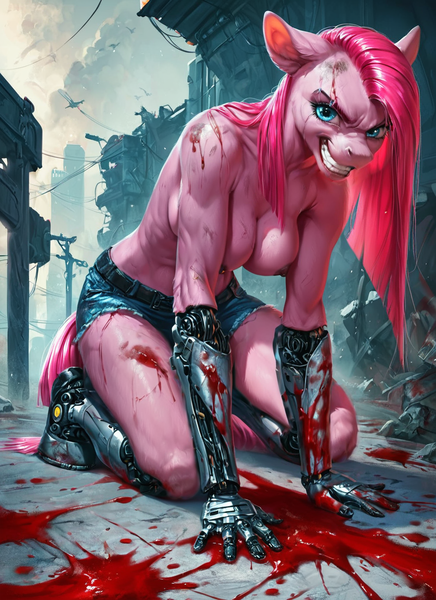 Size: 1024x1408 | Tagged: questionable, semi-grimdark, ai content, derpibooru import, machine learning generated, prompter:star-dragon, stable diffusion, pinkie pie, anthro, areola, blood, breasts, busty pinkie pie, clothes, creepy, creepy grin, cybernetic arm, cybernetic legs, cyberpunk, female, g4, generator:pony diffusion v6 xl, grin, image, madness, nipples, nudity, partial nudity, pinkamena diane pie, png, smiling, solo, topless