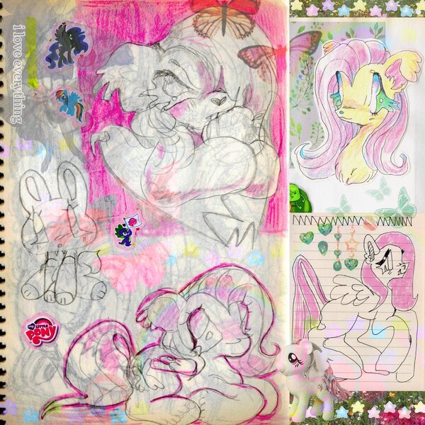Size: 1200x1200 | Tagged: safe, artist:larvaecandy, derpibooru import, fluttershy, bat pony, pony, rabbit, alternate eye color, animal, apple, bat ponified, big eyes, chest fluff, collage, colored nose, colored pencil drawing, colored pinnae, ear fluff, fangs, female, floppy ears, flutterbat, food, frown, g4, green eyes, group, heart nose, hoof hold, image, jpeg, long legs, long mane, long tail, mare, marker drawing, mixed media, narrowed eyes, pen drawing, pencil drawing, pink mane, pink tail, race swap, smiling, standing, sticker, tail, traditional art, wingding eyes, yellow coat