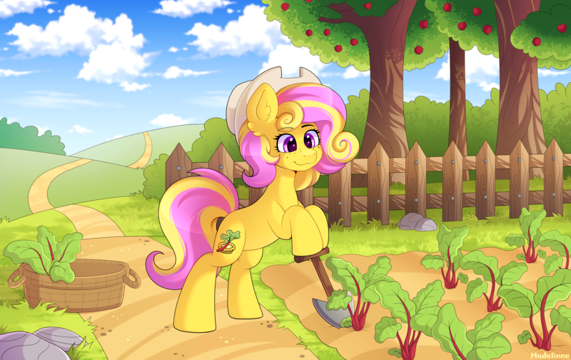Size: 7546x4755 | Tagged: safe, artist:madelinne, derpibooru import, oc, earth pony, pony, bush, cloud, colored, earth pony oc, farm, farming, female, hat, hoof hold, image, mare, outdoors, png, round belly, shovel, solo, tree
