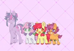 Size: 2469x1701 | Tagged: safe, artist:paichi-art, derpibooru import, apple bloom, scootaloo, sweetie belle, twilight sparkle, earth pony, pegasus, pony, unicorn, adorabloom, bandaid, bandaid on nose, bow, cute, cutealoo, cutie mark crusaders, diasweetes, female, filly, foal, freckles, g4, glasses, grin, high res, horn, image, knee pads, mare, open mouth, open smile, patterned background, pigtails, png, purple background, redesign, round glasses, simple background, smiling, tail, tail bow, tail feathers, twintails, unicorn twilight, unshorn fetlocks