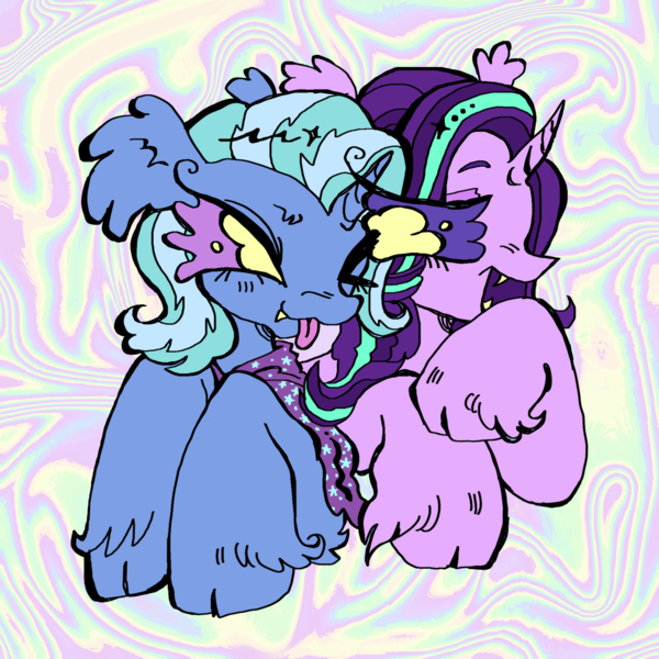 Size: 2048x2048 | Tagged: safe, artist:larvaecandy, derpibooru import, starlight glimmer, trixie, pony, unicorn, :p, abstract background, alternate eye color, big eyes, blue coat, blue mane, cape, clothes, cloven hooves, colored, colored eyebrows, colored sclera, curved horn, duo, duo female, ear fluff, eye clipping through hair, eyebrows, fangs, female, flat colors, floppy ears, g4, high res, horn, image, lesbian, lidded eyes, looking at each other, looking at someone, mare, open mouth, open smile, pink coat, png, profile, purple sclera, raised eyebrow, raised hoof, shipping, smiling, smiling at each other, startrix, tongue out, trixie's cape, two toned mane, unshorn fetlocks, yellow eyes