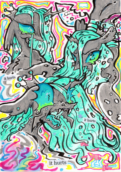 Size: 2048x2909 | Tagged: safe, artist:larvaecandy, derpibooru import, queen chrysalis, changeling, changeling queen, pony, abstract background, black coat, carapace, chest fluff, colored tongue, crown, crying, ear fluff, eyestrain warning, fangs, female, floppy ears, g4, high res, image, insect wings, jewelry, jpeg, long mane, mare, marker drawing, open mouth, pincers, profile, regalia, self paradox, self ponidox, sharp teeth, shrunken pupils, spread wings, straight mane, teal eyes, teal mane, teardrop, teeth, text, tiara, traditional art, transparent wings, trio, trio female, wings, zine