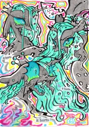 Size: 2048x2909 | Tagged: safe, artist:larvaecandy, derpibooru import, queen chrysalis, changeling, changeling queen, pony, abstract background, black coat, carapace, chest fluff, colored tongue, crown, crying, ear fluff, eyestrain warning, fangs, female, floppy ears, g4, high res, image, insect wings, jewelry, jpeg, long mane, mare, marker drawing, open mouth, pincers, profile, regalia, self paradox, self ponidox, sharp teeth, shrunken pupils, spread wings, straight mane, teal eyes, teal mane, teardrop, teeth, text, tiara, traditional art, transparent wings, trio, trio female, wings, zine