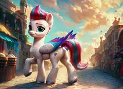 Size: 5120x3712 | Tagged: safe, ai content, derpibooru import, machine learning generated, prompter:kluknawa235, stable diffusion, zipp storm, pegasus, g5, cloud, cloudy, detailed background, generator:pony diffusion v6 xl, generator:purplesmart.ai, image, jpeg, raised hoof, smiling, town, walking