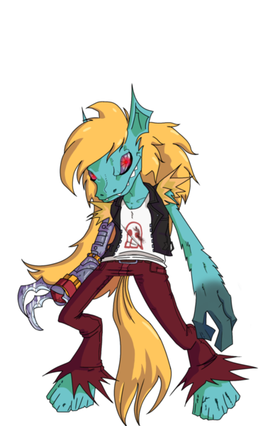 Size: 1156x1822 | Tagged: safe, artist:freakazoidthunk, derpibooru import, oc, oc:jaws, unofficial characters only, anthro, pegasus, unguligrade anthro, amputee, biker, blonde mane, character render, clothes, cybernetic eyes, image, jacket, leather, leather vest, my little hazards area, opposable hooves, parody, png, riding wasps, solo, vest