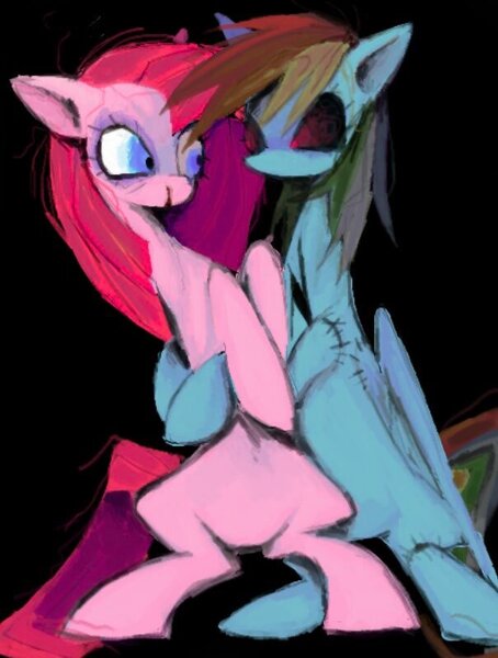 Size: 604x798 | Tagged: safe, artist:ponykip, derpibooru import, pinkie pie, rainbow dash, earth pony, pegasus, pony, black background, black eye, black sclera, blood, bloody eye, blue coat, blue eyes, colored pinnae, digital painting, duo, duo female, female, g4, holding a pony, image, implied violence, jpeg, long legs, looking at each other, looking at someone, mare, multicolored hair, no mouth, nosebleed, partially open wings, pink coat, pink mane, pink tail, pinkamena diane pie, rainbow hair, rainbow tail, rainbow.exe, red eyes take warning, shrunken pupils, simple background, sitting, stitches, tail, wings