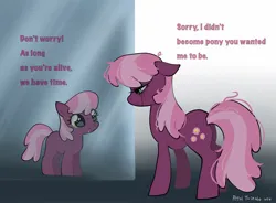 Size: 1440x1058 | Tagged: safe, artist:petaltwinkle, derpibooru import, cheerilee, earth pony, pony, cheeribetes, curly mane, curly tail, cute, dialogue, duality, duo, duo female, female, filly, filly cheerilee, foal, frown, g4, gradient background, grammar error, green eyes, image, jpeg, lidded eyes, long mane, long tail, makeup, mare, messy mane, messy tail, midlife crisis, mirror, motivational, open mouth, open smile, pink mane, pink tail, profile, purple coat, purple text, redraw, reflection, running makeup, sad, sad eyes, sadorable, self paradox, self ponidox, signature, smiling, sparkly eyes, standing, tail, talking, talking to herself, tear streaks, text, two toned mane, two toned tail, wingding eyes