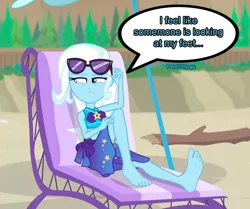 Size: 862x720 | Tagged: safe, artist:paco777yuyu, derpibooru import, trixie, equestria girls, barefoot, beach, beach chair, chair, feet, feet up, female, fetish, foot fetish, foot focus, g4, great and powerful, image, png, soles, solo, solo female, sunglasses, suspicious, wondering