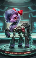 Size: 768x1232 | Tagged: safe, ai content, derpibooru import, generator:ideogram 1.0, machine learning generated, prompter:kopaleo, oc, oc:cosmia nebula, unofficial characters only, cyborg, creepy, cyberpunk, frankenpony, friedrich nietzsche, image, indoors, museum, png, poster, prompt in description, solo