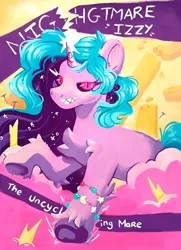 Size: 3071x4252 | Tagged: safe, artist:cutepencilcase, derpibooru import, izzy moonbow, pony, unicorn, g5, bracelet, evil grin, gouache, grin, horn, image, jewelry, nightmare moonbow, nightmarified, png, sharp teeth, slit pupils, smiling, solo, teeth, traditional art