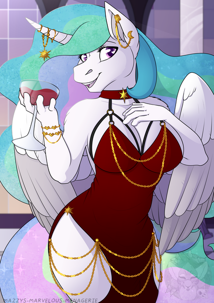 Size: 2141x3039 | Tagged: safe, artist:grumpygriffcreation, derpibooru import, princess celestia, alicorn, anthro, alcohol, bracelet, breasts, busty princess celestia, chains, clothes, dress, ear piercing, female, fishtail dress meme, g4, glass, heart, heart eyes, horn, horn jewelry, horn ring, image, jewelry, meme, piercing, png, regalia, ring, smiling, solo, wine, wine glass, wingding eyes, wings