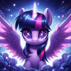 Size: 1024x1024 | Tagged: safe, ai content, derpibooru import, machine learning generated, prompter:doomguy397, twilight sparkle, pony, female, generator:dall-e 3, glow, glowing horn, horn, image, jpeg, looking at you, mare, solo, space, spread wings, wings