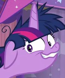 Size: 846x1008 | Tagged: safe, derpibooru import, screencap, twilight sparkle, twilight sparkle (alicorn), alicorn, pony, a trivial pursuit, season 9, spoiler:s09, crazy face, crazy smile, cropped, faic, female, floppy ears, g4, image, mare, messy mane, png, solo, twilight snapple, twilight sparkle is best facemaker, twilighting, twilynanas, wavy mouth