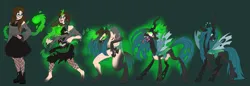 Size: 3929x1346 | Tagged: safe, artist:atcpony, derpibooru import, queen chrysalis, changeling, changeling queen, human, blushing, breasts, clothes, female, fire, forked tongue, glow, glowing eyes, high res, human to changeling, image, png, possession, simple background, torn clothes, transformation, transformation sequence