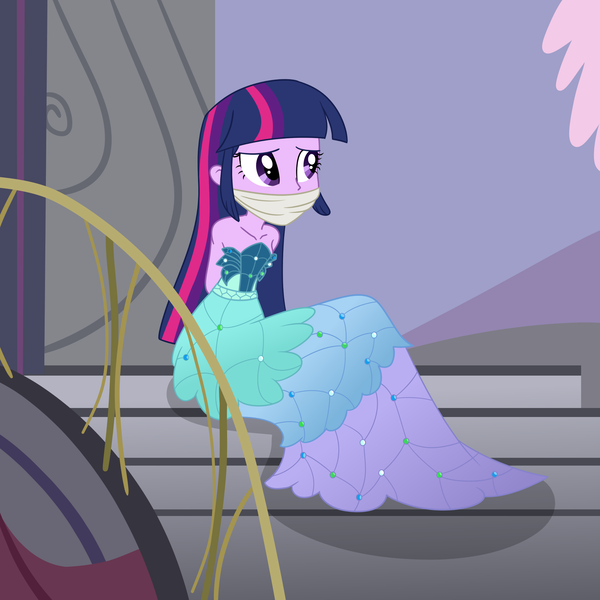 Size: 2000x2000 | Tagged: safe, artist:nie-martw-sie-o-mnie, derpibooru import, twilight sparkle, human, canterlot boutique, equestria girls, arm behind back, bare shoulders, cloth gag, clothes, dress, g4, gag, humanized, image, png, princess dress, sitting, stairs